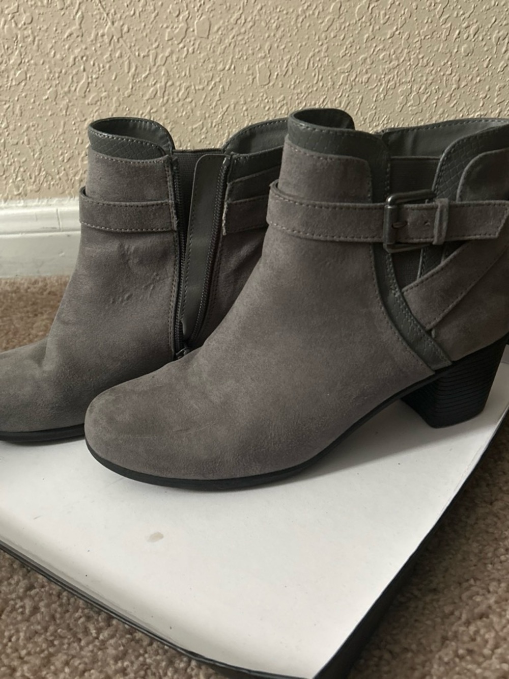 Women's Gray Suede Ankle Boots - Classic Buckle Side Booties